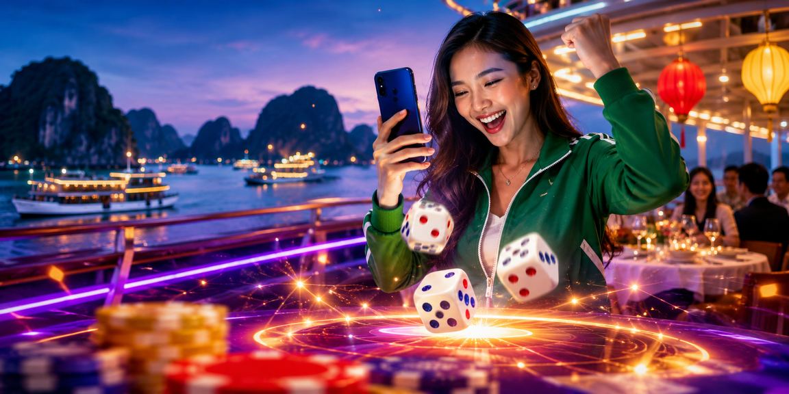 Vịnh Hạ Long với ánh neon và xúc xắc gợi chủ đề bảo mật dữ liệu giải trí